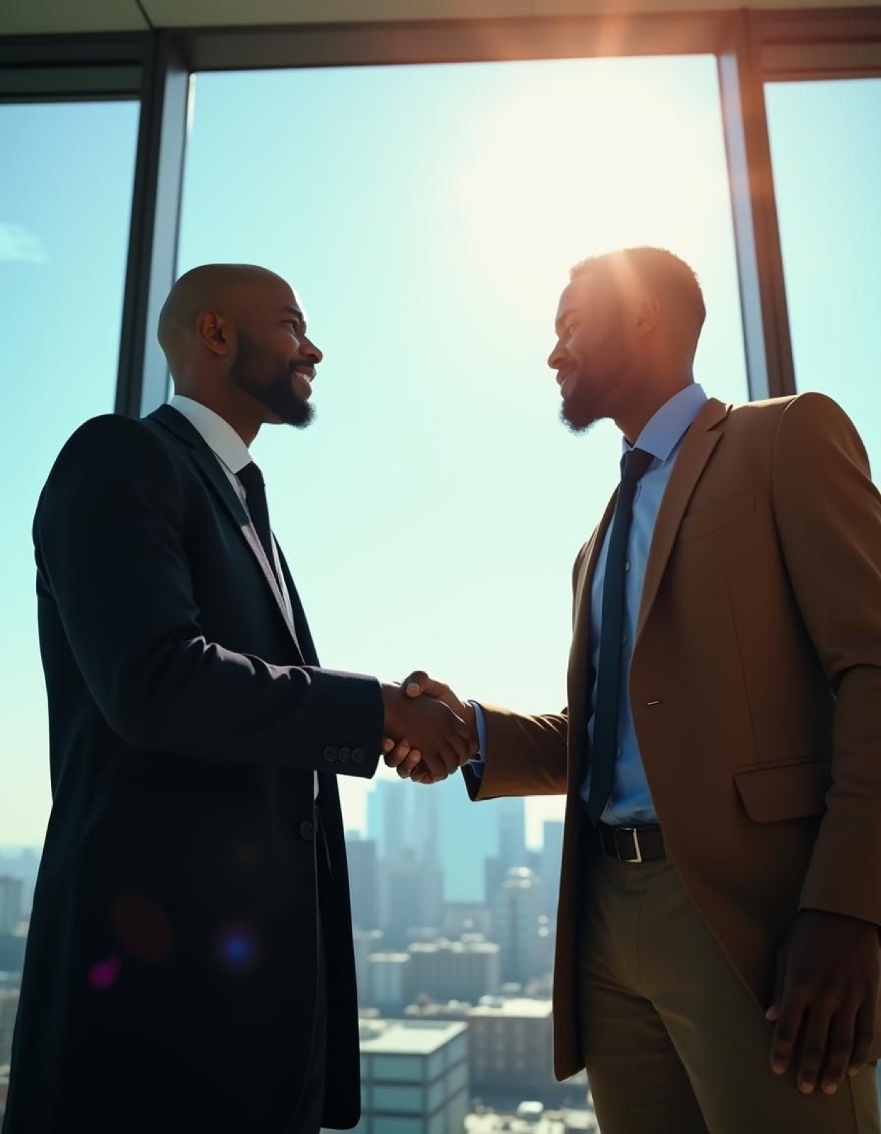 Two business partners shaking hands overlooking a city skyline