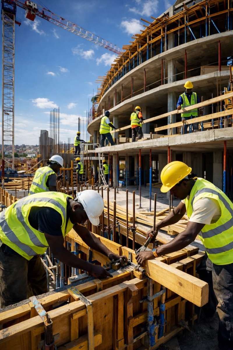 Crew working formwork on a curved multi-storey building under a tower crane