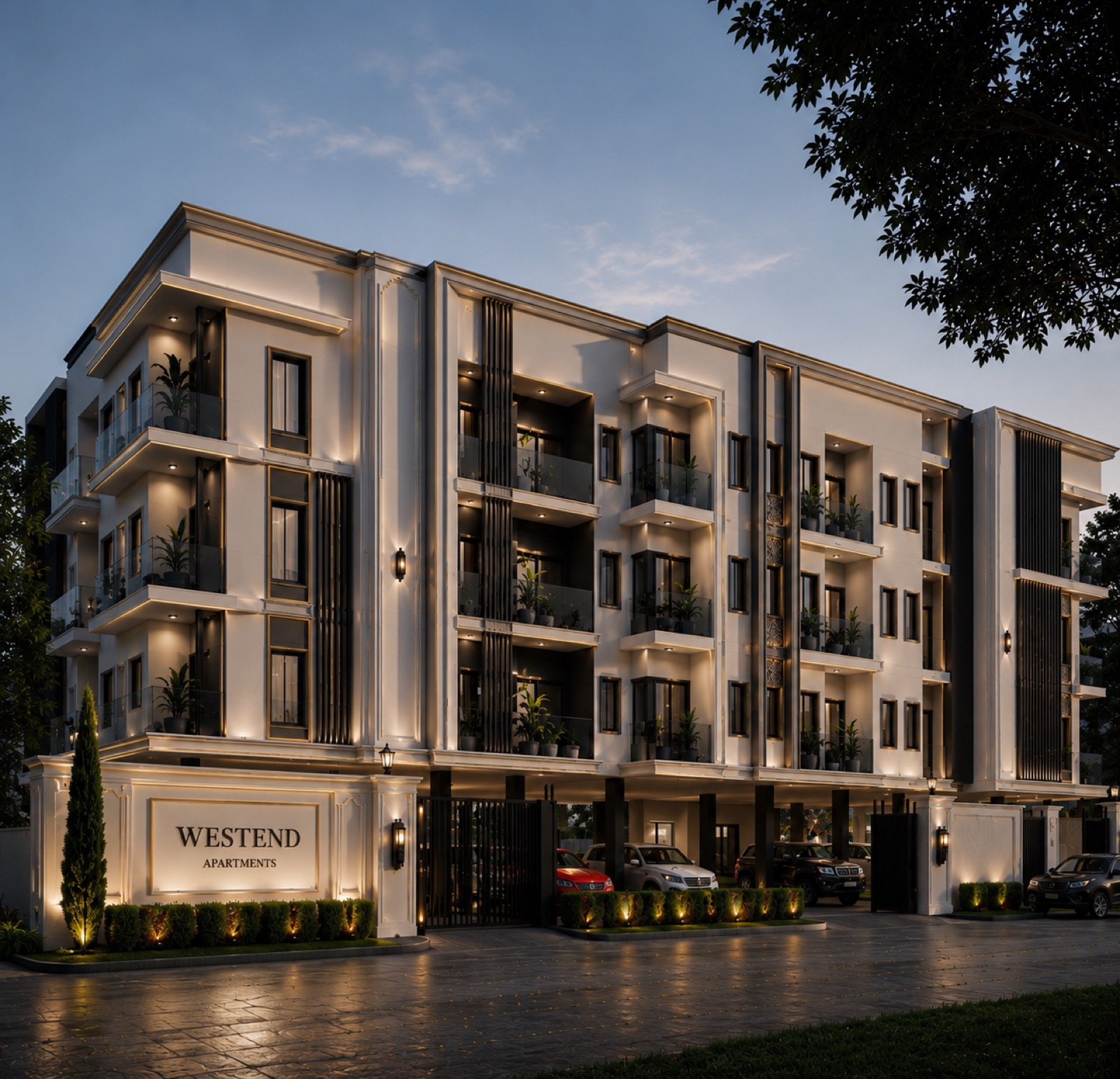 Westend Apartments entrance and signage at dusk