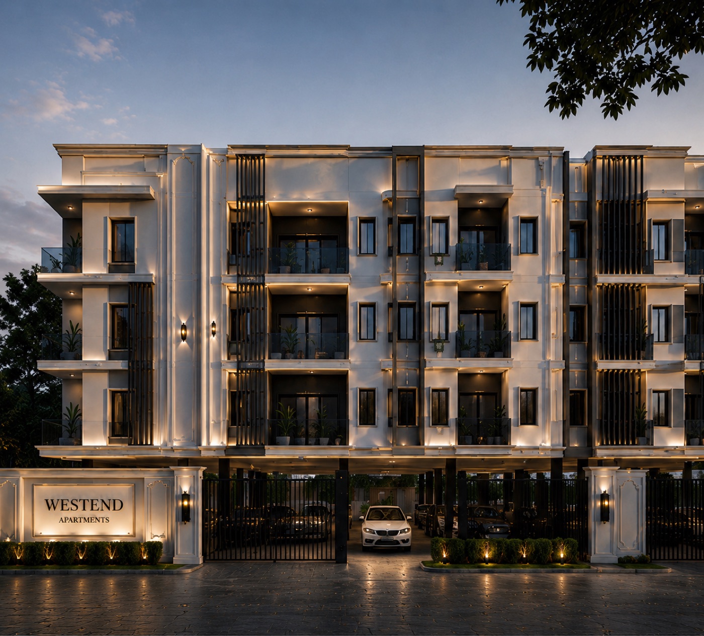 Westend Apartments front facade at dusk