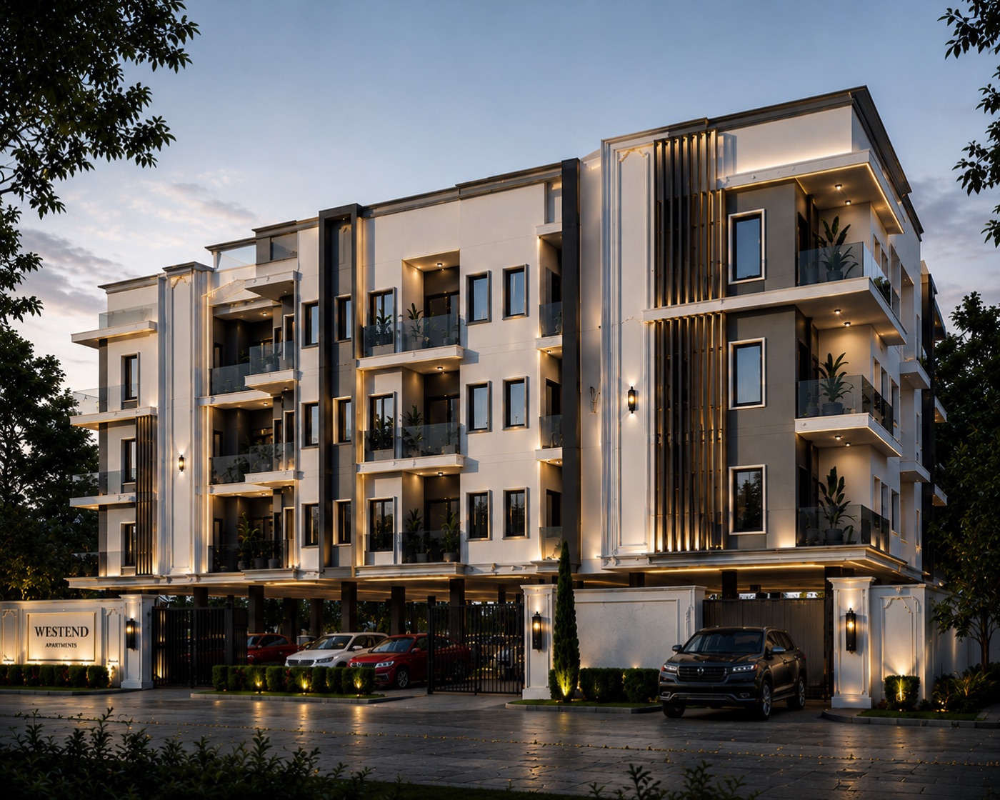 Westend Apartments angled facade view at dusk